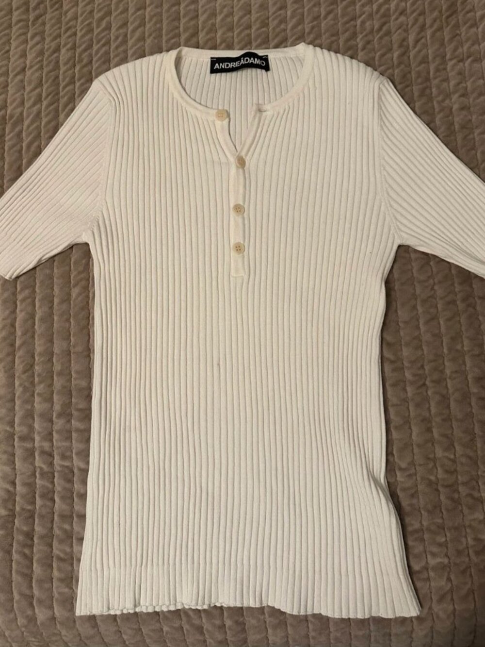 ANDREADAMO Ribbed Knit Henley Top, White, Size L, Made in Italy